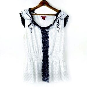 Sunny Leigh White Black Lace Ruffle Top Polka Dot Print Frilly Peplum Blouse L